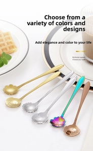 Macro shot of colorful stainless steel floral teaspoons for dessert and coffee stirring