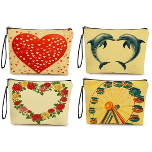 Makeup Bag Linen Canvas Zipper Cosmetic Pouch With Wrist Strap Printed Heart Dolphin Pattern Travel Daily Organizer