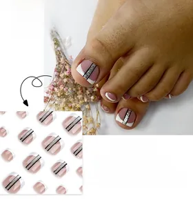 Detailed view of lavender toe nail patches with silver glitter stripes and white accents