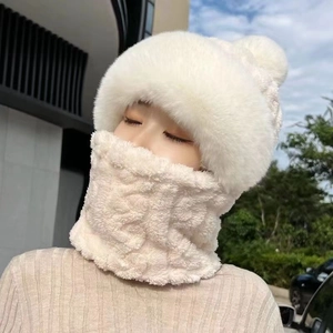 Winter set with white plush bear beanie and thick cable knit scarf for cold weather