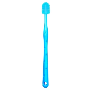 Close-up of bright blue silicone pet toothbrush with dense soft bristles and ergonomic handle