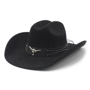 Classic black faux suede cowboy hat with silver longhorn skull emblem and studded leather band