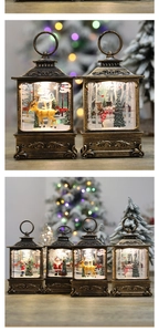 Macro view of vintage bronze Christmas lanterns with miniature Santa and reindeer scenes