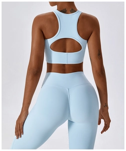 Detail of light blue racerback sports bra with cutout design and ribbed texture fabric
