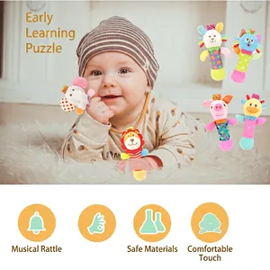 Plush animal hand rattle set for babies featuring soft lion, elephant and giraffe toys