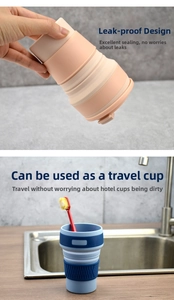 Close-up of pink and blue collapsible silicone cups showing leakproof lid and travel use