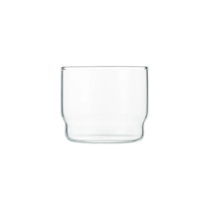 Minimalist stackable borosilicate glass coffee mug made of heat resistant clear glass