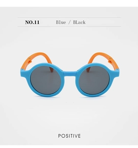 Front view of blue and orange foldable kids sunglasses with dark lenses and model No. 11