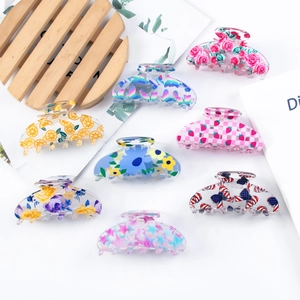 Hair Claw Clips Acrylic Large Hair Clamps Transparent Flower Butterfly Strawberry Lemon Print Nonslip Hair Accessories