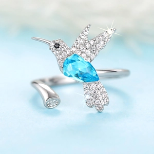 Kolibrie Open Verstelbare Ring Koper Zirkonia Druppelvormige Hoofdsteen Dierlijke Sieraden Voor Vrouwen