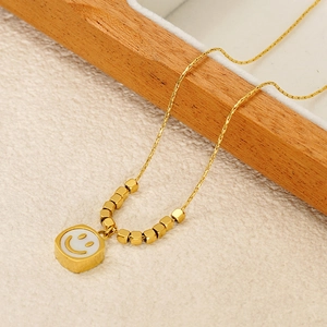 Smile Face Pendant Necklace Stainless Steel 18K Gold Plated White Shell Inlay Square Geometric Cube Beads Jewelry For Women