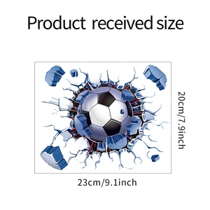 3D football breaking through wall sticker, product size dimensions 23x20cm for room decor