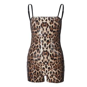 Close-up of leopard print sequins and adjustable thin shoulder straps on the bodysuit
