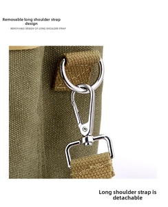 Detail of the silver metal swivel hook and detachable strap on the green canvas bag