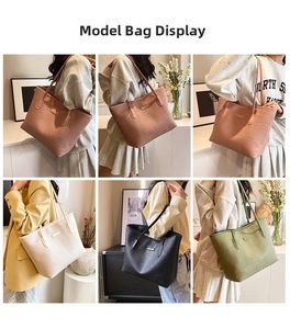Detailed views of high-capacity tote bag in pink, beige, black, and avocado green