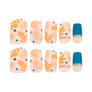 Short square press-on nails set with green botanical patterns and blue matte accents