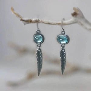 Vintage Bohemian Feather Drop Earrings Alloy With Blue Synthetic Gemstone Antique Silver Ethnic Style For Women