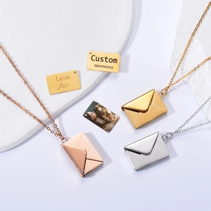 Customizable envelope locket necklace in gold, rose gold, and silver stainless steel