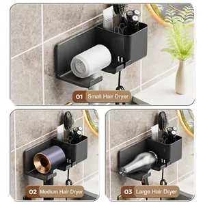 Wall-mounted dark grey hair dryer holder with storage cup for bathroom organization
