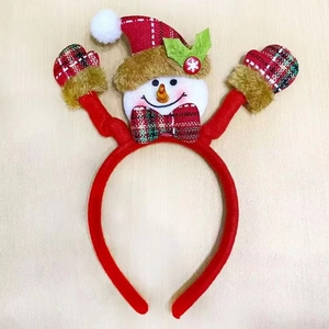 Christmas snowman headband with red velvet fabric and festive plaid pattern details