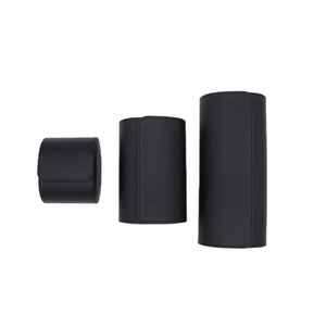 Detailed view of black PU leather watch rolls in three different storage sizes