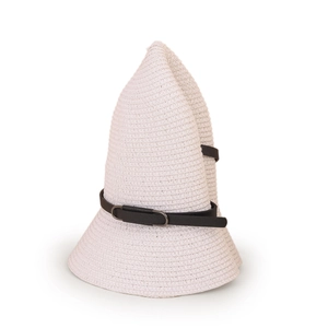 Detail of white straw sun hat featuring a fine weave and black leather belt with metal buckle