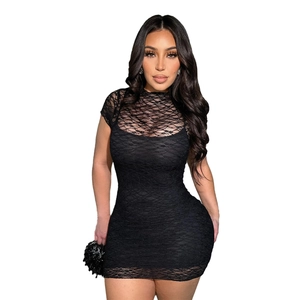 Slim fit black lace mini dress with short sleeves and elegant floral pattern for women