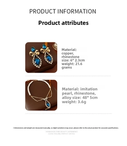 Detailed view of vintage jewelry set featuring bow sapphire earrings and pearl necklace