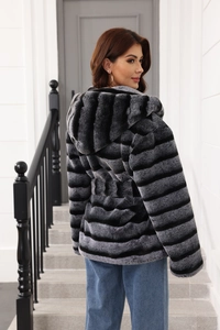 Back view of a striped faux fur hooded coat with a waist-cinching belt design