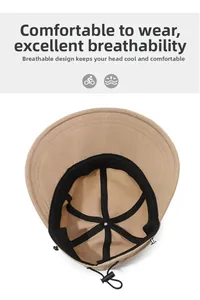 Detail view of khaki sun hat featuring interior sweatband and adjustable drawstring toggle
