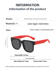 Detailed size chart for kids square sunglasses showing dimensions of PC frame and resin lenses