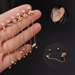 Double Piercing Chain Earrings Stainless Steel Bar Zircon Flower Crown Ear Bone Stud Korean Style Integrated Jewelry