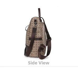 Side view of retro patterned backpack featuring brown leather trim and metal D-ring details
