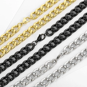 Three Cuban link chains in gold, black, and silver finishes with lobster clasps on white