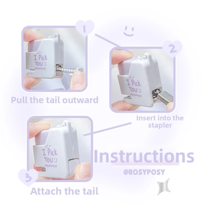 Three-step tutorial showing how to refill staples in a mini purple portable stapler