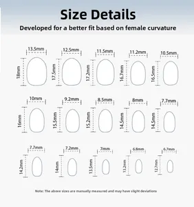 Detailed size chart for almond press-on nails showing 15 sizes with precise measurements
