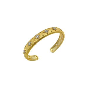 Brushed gold open cuff bangle with starry starburst patterns and white zircon stones