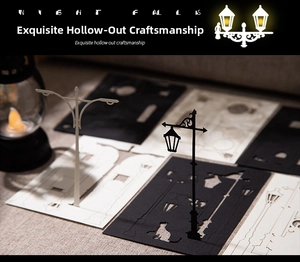 Detailed macro view of laser-cut paper cat and vintage lamp silhouettes on burlap