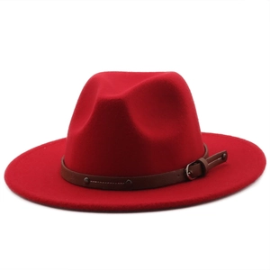 Red wool jazz fedora with a brown leather belt and metallic buckle details