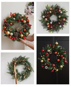 Detailed Christmas wreath featuring pine needles, red berries, and golden ornaments