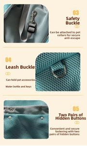 Detail shots of pet carrier safety buckle, accessory D-ring, and snap buttons.