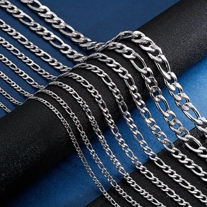 Detail of silver Figaro necklaces in various thicknesses on a black display cylinder
