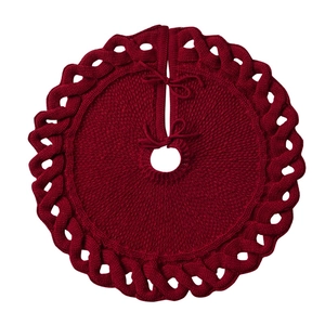 Burgundy red knitted mini Christmas tree skirt with decorative braided weave edges