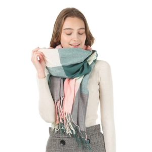 British style checkered scarf in dark green and pink with soft fringe details
