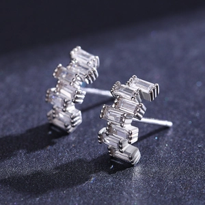 Elegant S925 sterling silver stud earrings with sparkling rectangular zircon gemstones