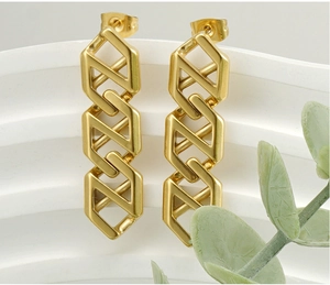 Detailed view of 18K gold plated stainless steel geometric chain dangle earrings