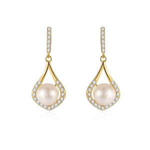 S925 silver gold teardrop pearl earrings with zircon halo on white background