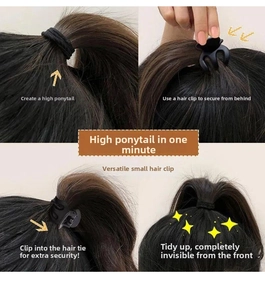 Tutorial showing small black claw clip and hair tie for high ponytail volume support