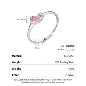 S925 Sterlingsilber Offener Ring mit rosa Birnenstein und kleinem runden Diamanten