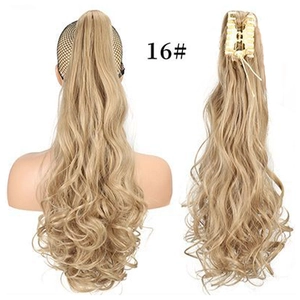 Macro detail of 16# light blonde wavy ponytail extension with a strong claw clip design